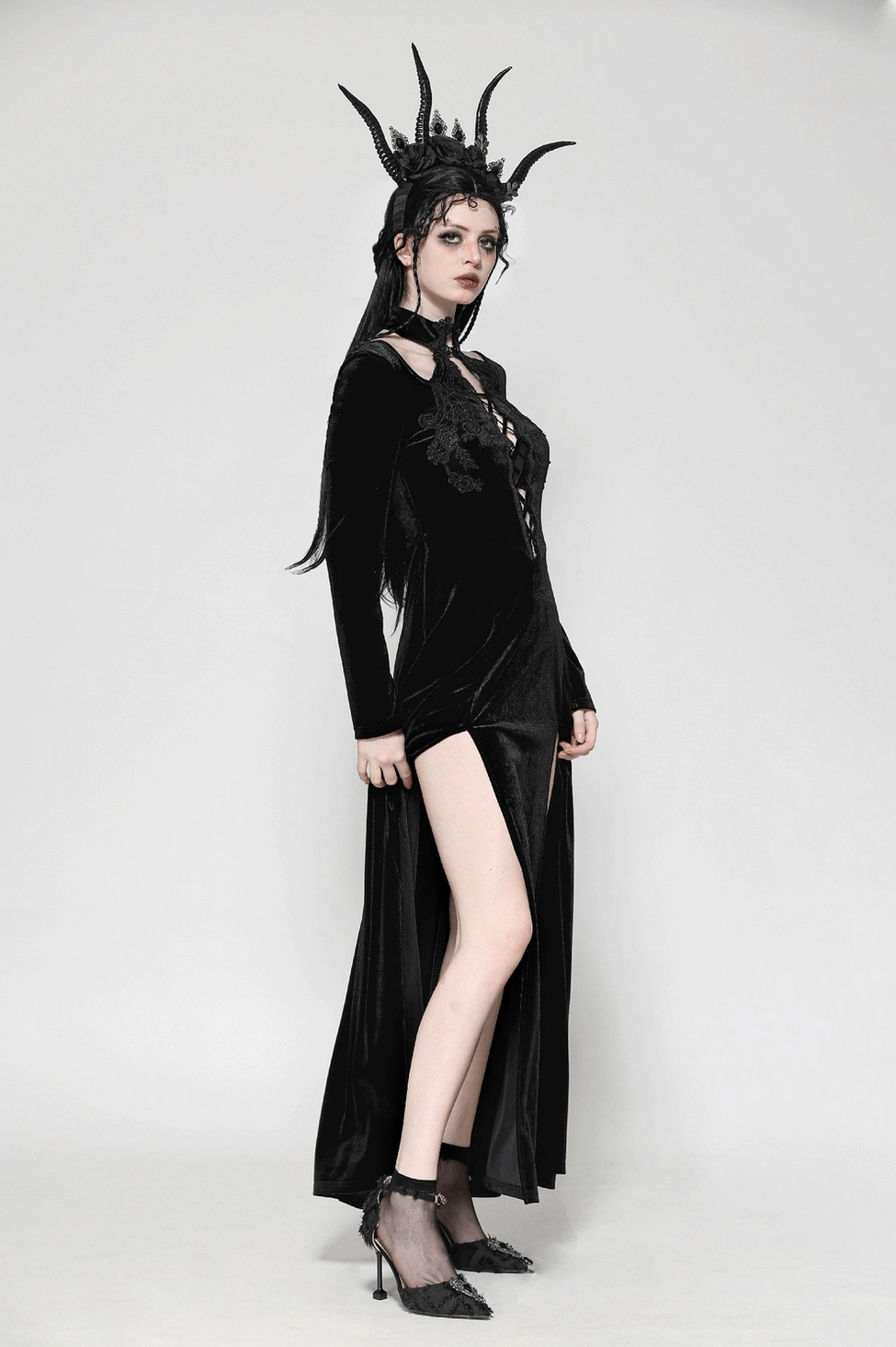 Alternative angle of black velvet gothic lace-up dress showing front lace details, ruffled trim, and dramatic silhouette
