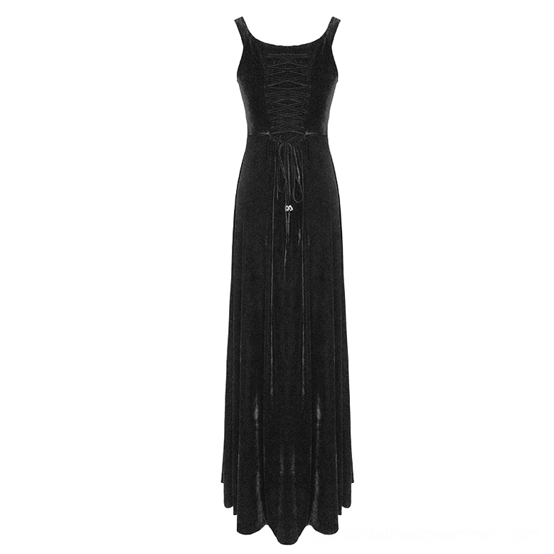 Sleeveless black velvet gothic maxi dress featuring lace-up front bodice with waist cinch detail, front full-body product shot on white background