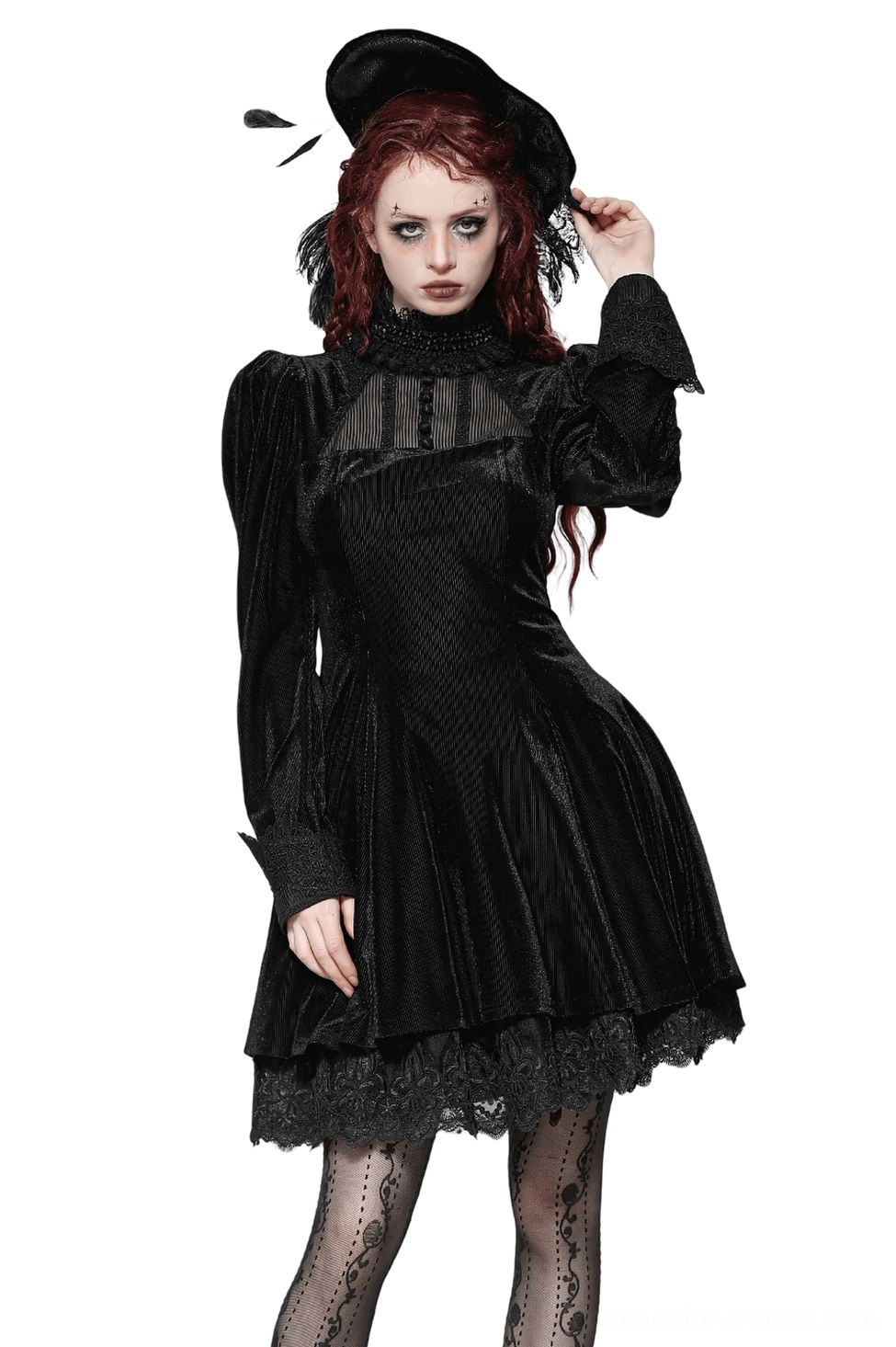 Black velvet gothic mini dress with puff sleeves, lace ruffle collar, and feathered hat styled on red-haired model in front view on white background