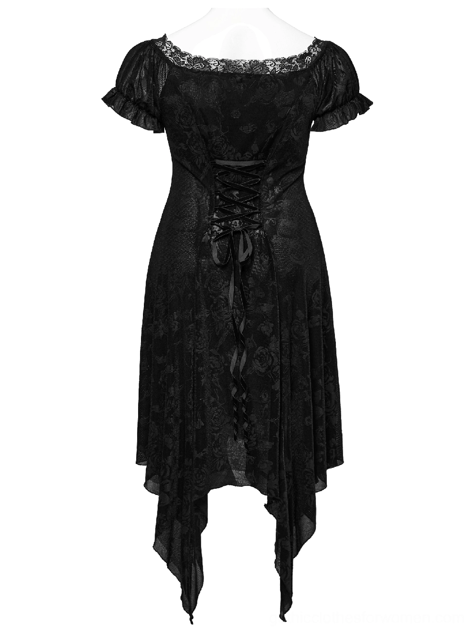 Black velvet gothic dress back view on mannequin featuring ribbon corset lace-up back and floral jacquard rose pattern