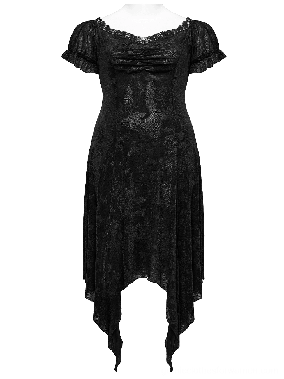 Black gothic velvet asymmetrical dress front view on dress form with short ruffled sleeves and front ruched chest detail