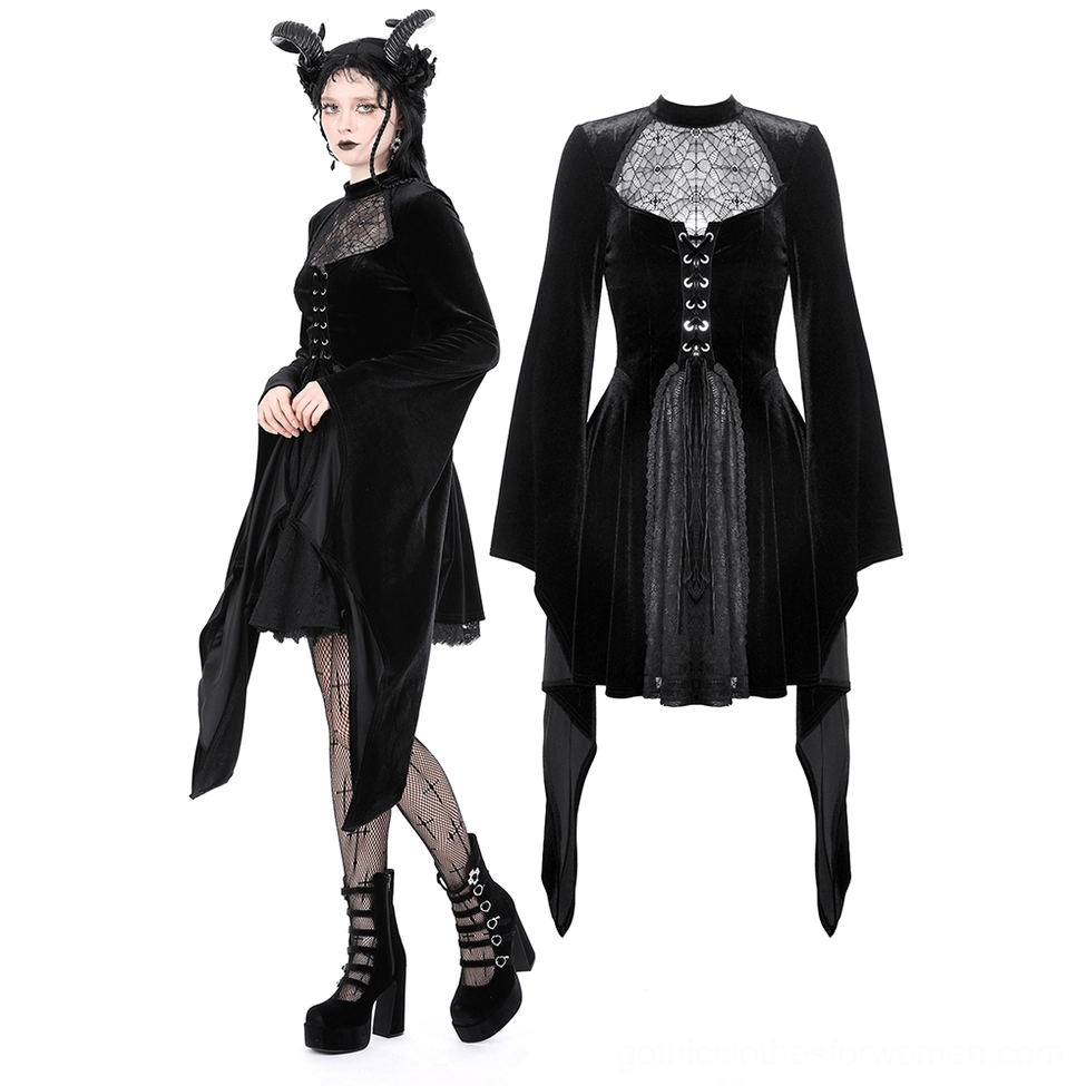 Black velvet gothic dress side view and flat lay display showing flared bell sleeves and irregular hemline