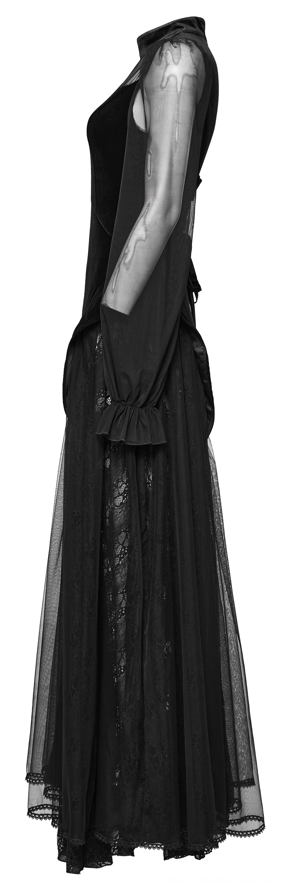 Side flat lay of black velvet mesh gothic dress featuring sheer mesh skirt, ruffled cuffs, and velvet bodice panel