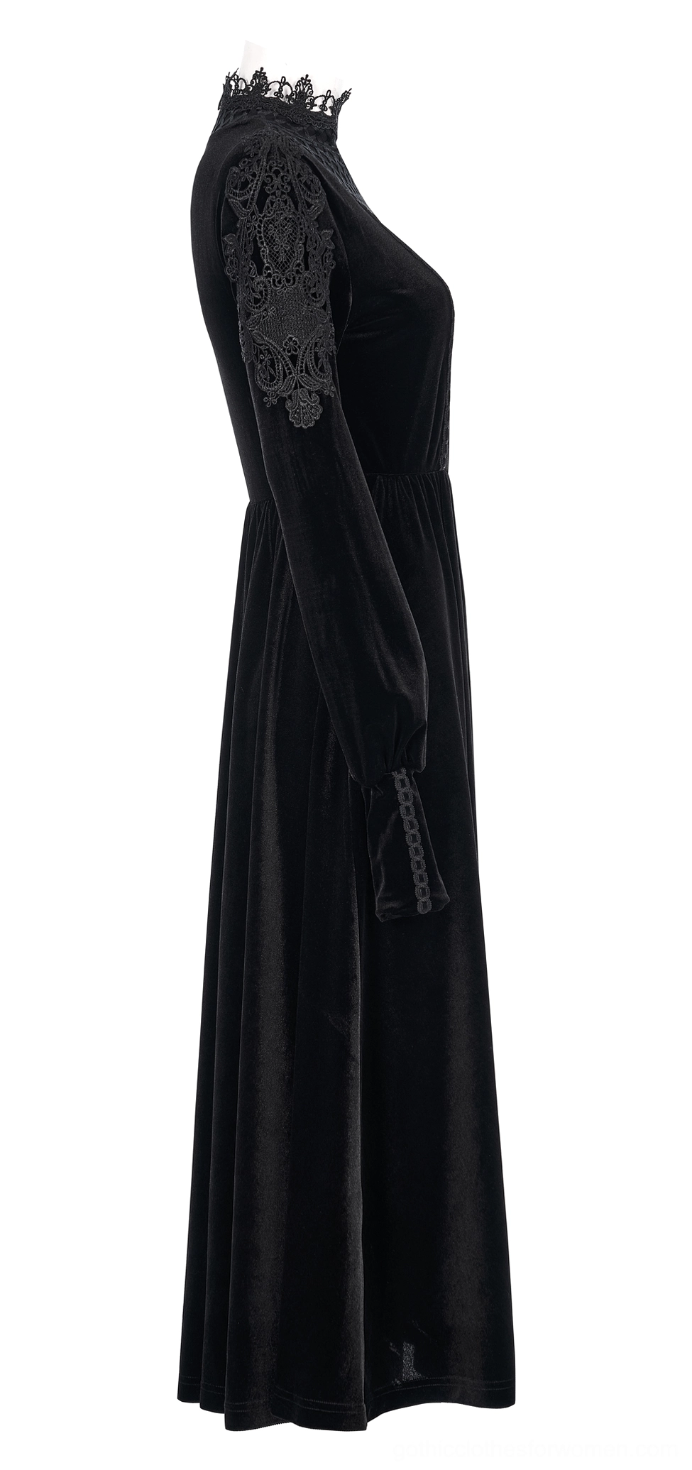 Side profile view of black velvet gothic midi dress showing fitted silhouette and floor-length flowing skirt