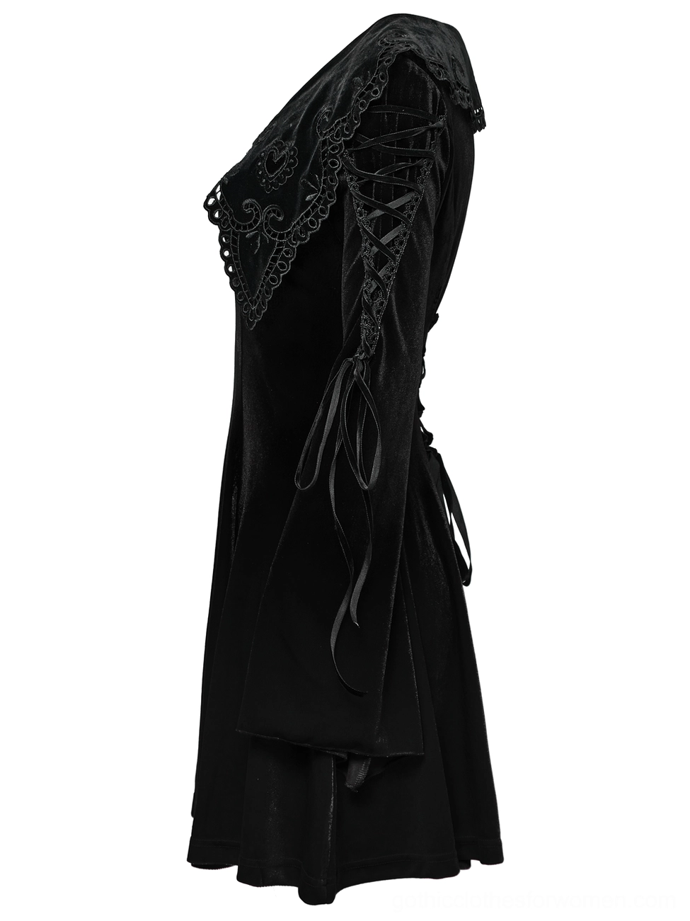 Black velvet gothic dress side flat lay shot, highlighting tailored slim-fitting silhouette and lace-up sleeve construction