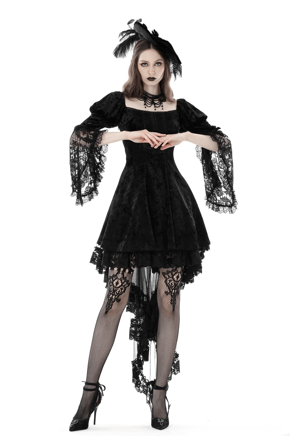 Black velvet gothic mini dress - side view showing corset back and sleeve construction