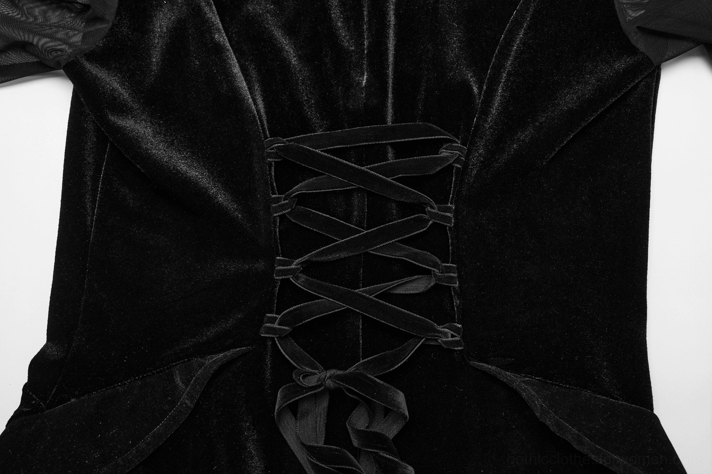 Complete sizing and fit guide reference image for black velvet gothic mesh maxi dress in all available sizes