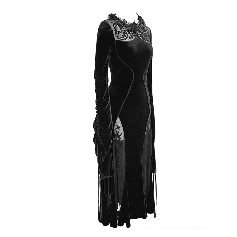 Black velvet gothic dress mannequin display showing ruched flare sleeves and floral lace neckline detail