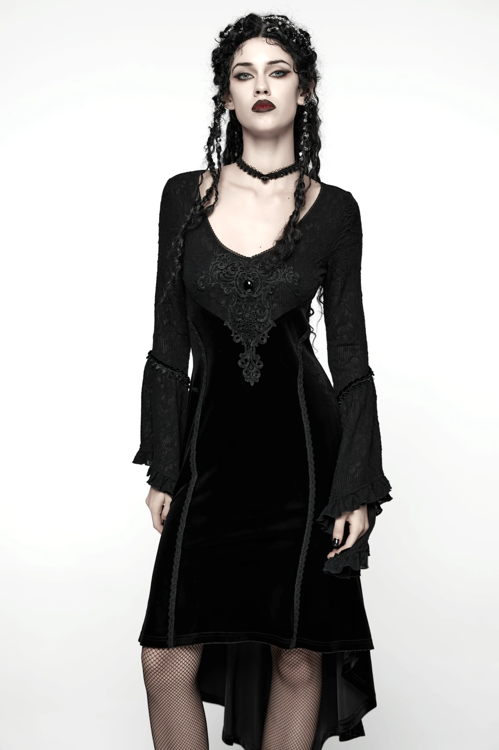 Full model wearing black velvet gothic dress with accessories, demonstrating styling for goth nightlife and alternative fashion