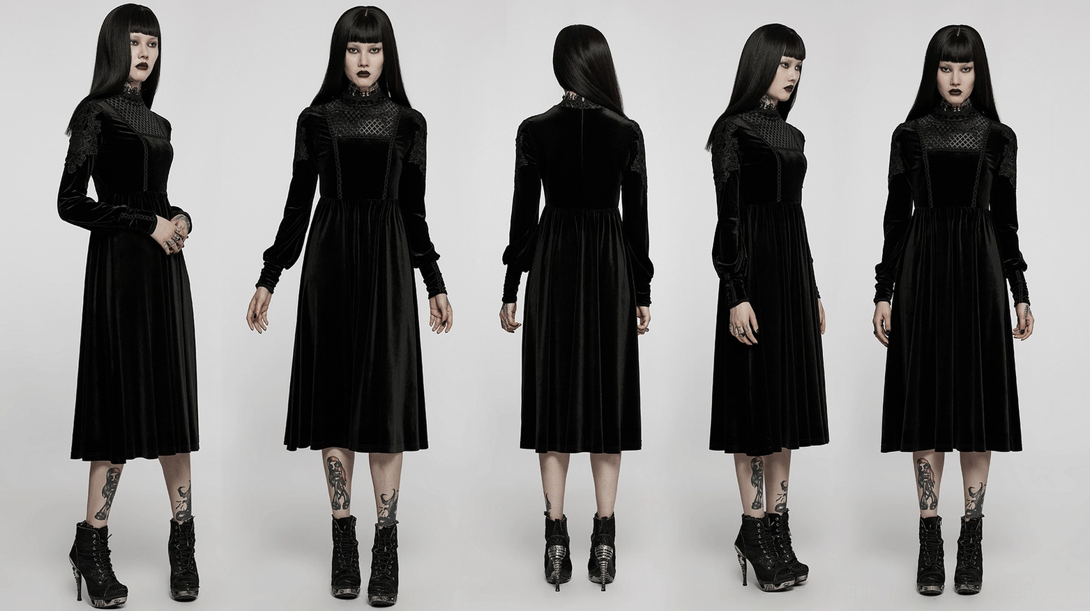 Styled wearing view of black velvet gothic lace-collar dress demonstrating fit and elegant drape on figure