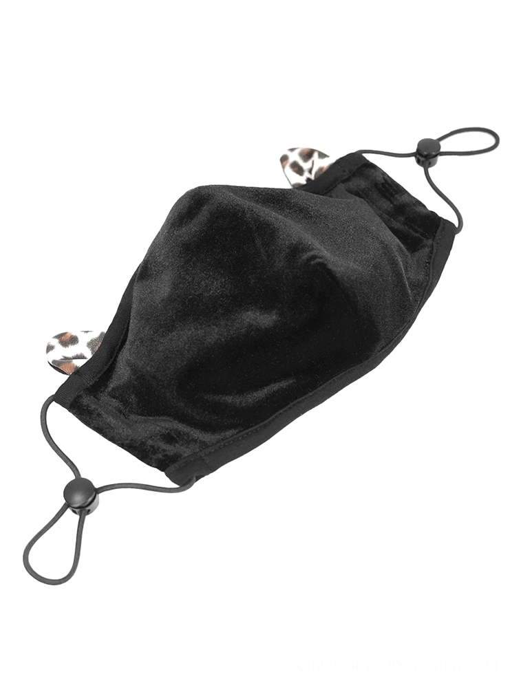 Black velvet gothic face mask with leopard print ears, adjustable ear loops, overhead view on white background