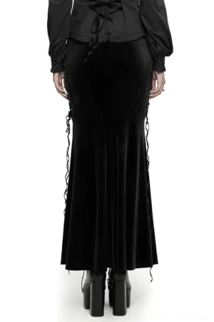 Gothic fishtail velvet skirt back view showing hidden zipper closure and dramatic hem silhouette