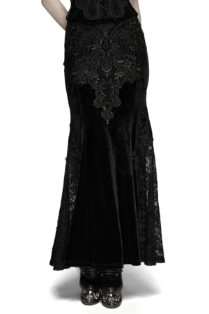 Black velvet gothic fishtail skirt rear view showing sequin embroidered detailing and side lace trim