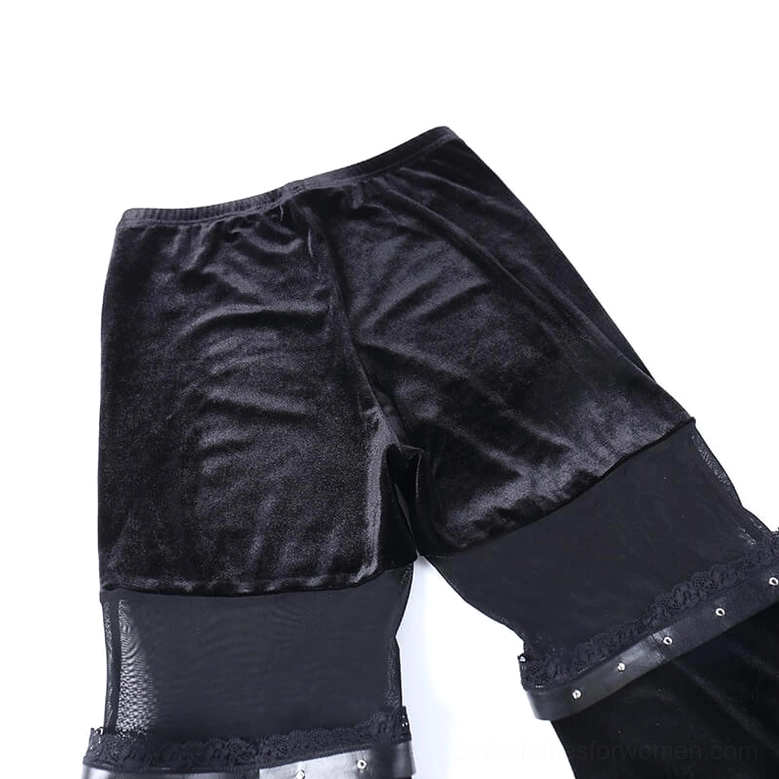 Black velvet flare pants with mesh thigh inserts styled with alternative fashion accessories in gothic aesthetic