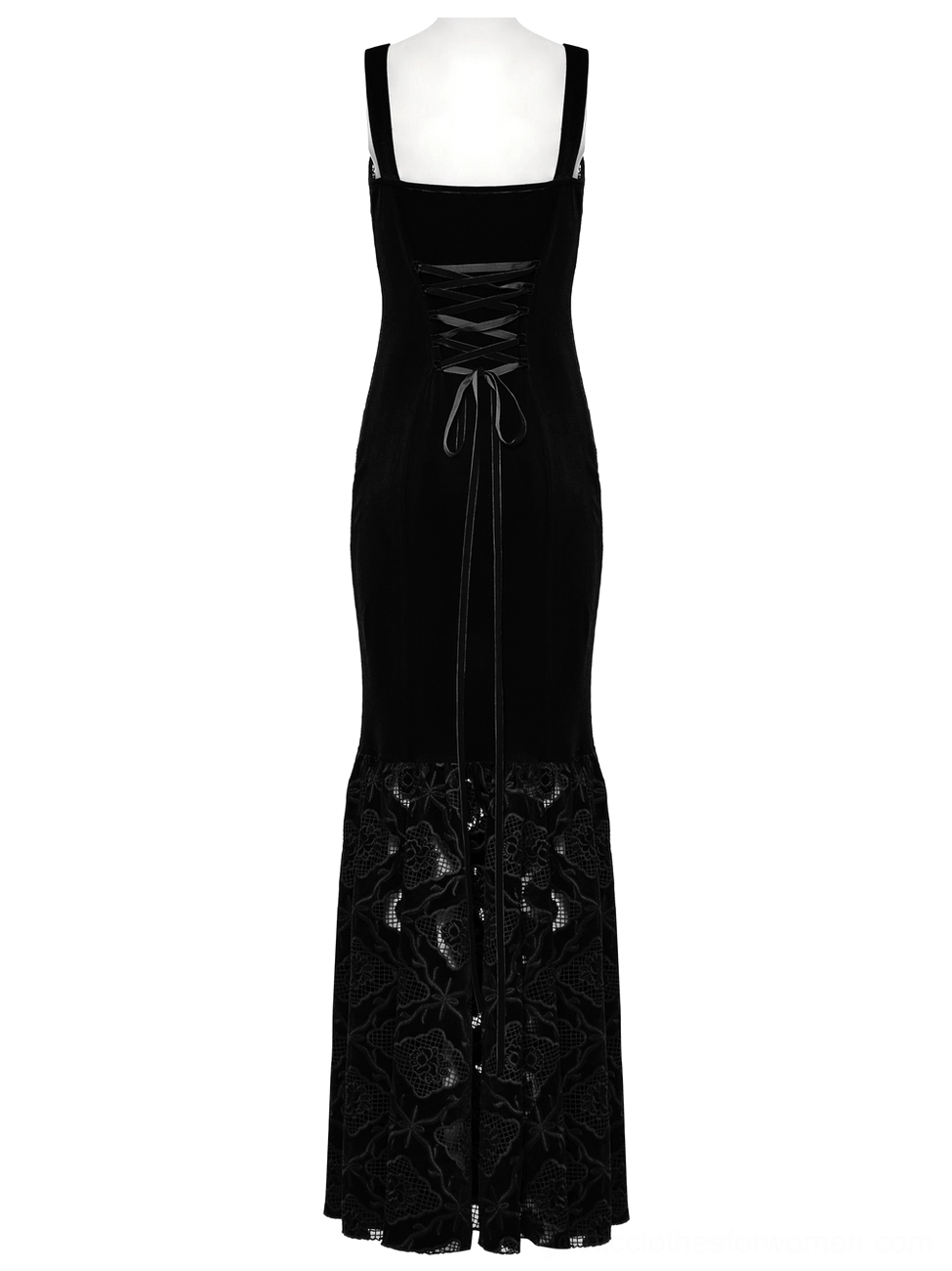 Back view of black velvet gothic formal gown displaying lace-up back closure and ornate floral lace hem embellishments
