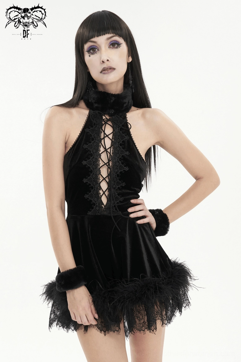 Black velvet halterneck gothic dress three-quarter front view with fuzzy collar and lace-up front cutout