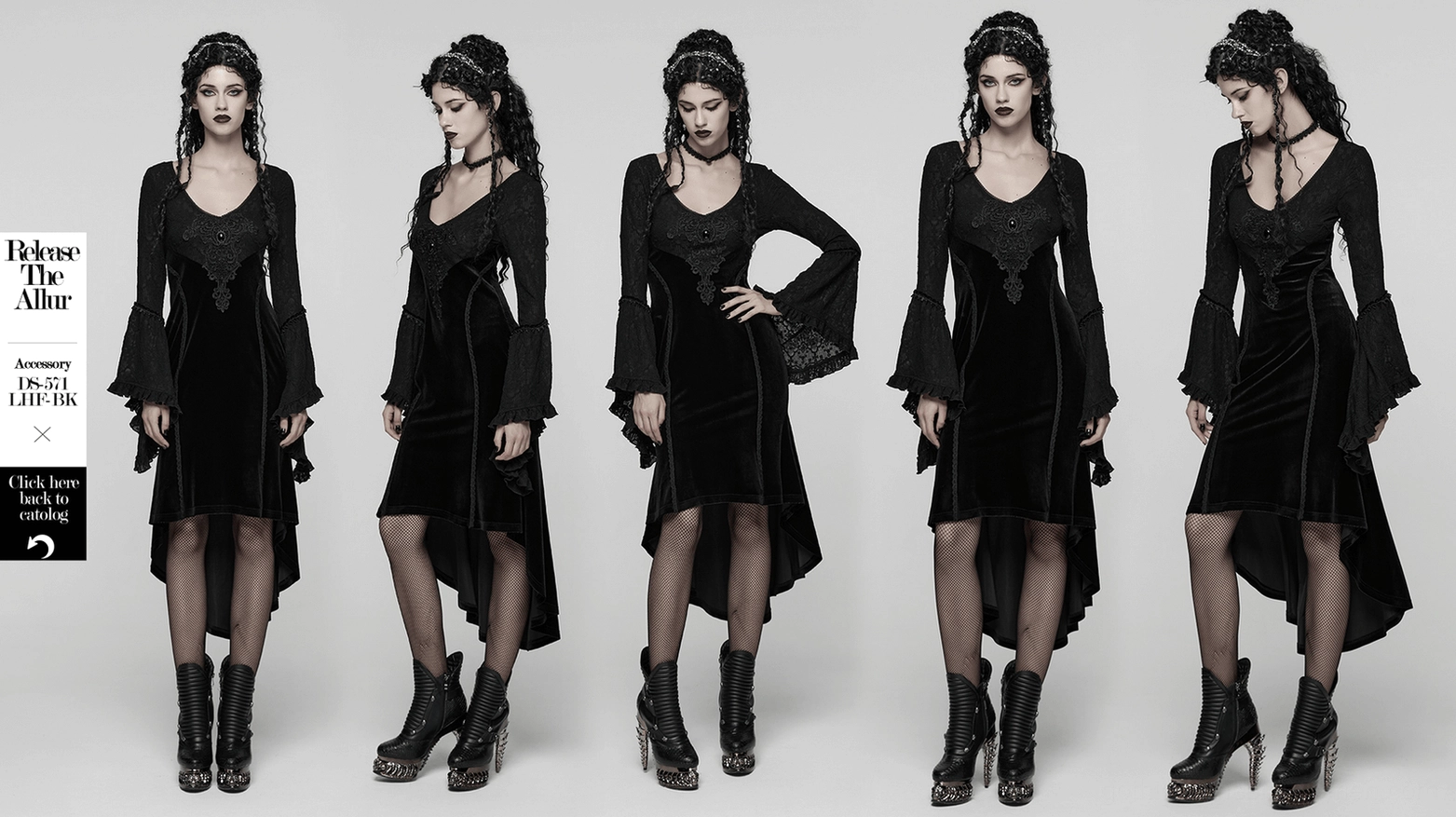 Black velvet gothic high-low dress full-length front view with lace sleeves and embroidered details on white background