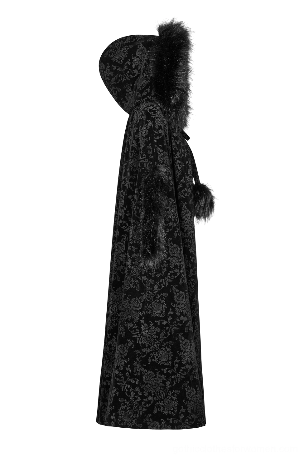 Black embossed velvet Gothic hooded cloak side view flat lay showing dramatic drape and complete silhouette