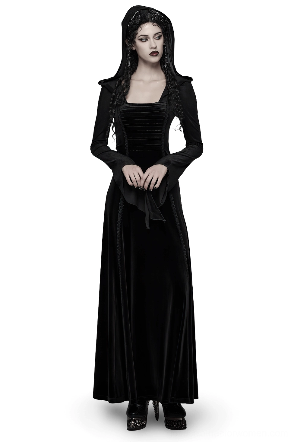 Black velvet gothic hooded maxi dress front view on model with braided hair, square neckline, sheer mesh long sleeves, and floor-length hem