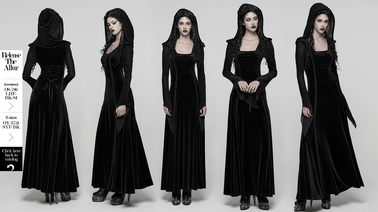 Full product display of black velvet gothic hooded maxi dress with attached hood, pleated bodice, lace-up back, and flowing hem