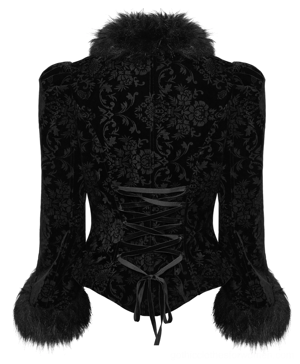 Black velvet gothic jacket back flat lay showing corset lace-up closure, padded shoulders, and floral velvet pattern