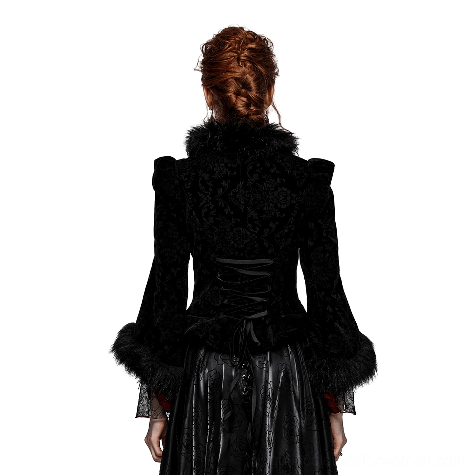 Black velvet gothic jacket with corset lace-up back design and faux fur trim, back view on model