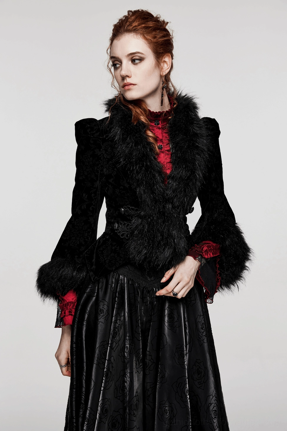 Black velvet gothic jacket with faux fur trim showcasing color, texture, and gothic design elements