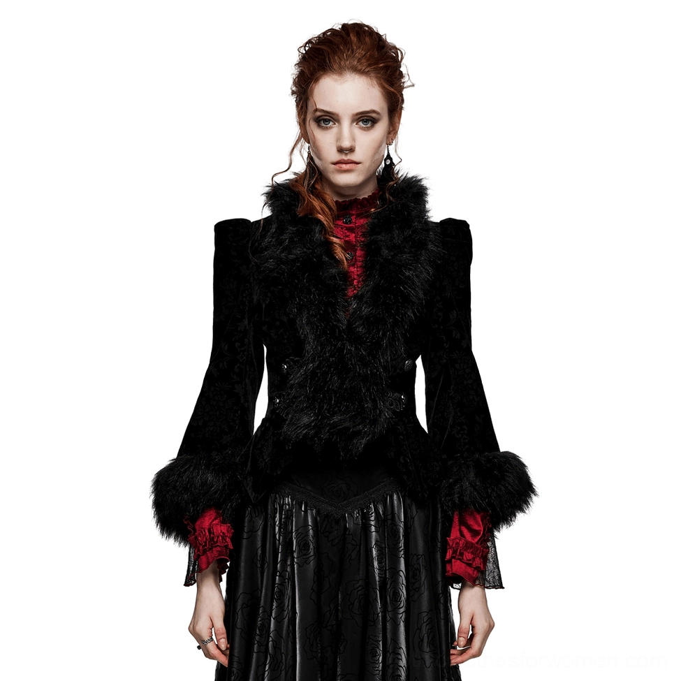 Black velvet gothic jacket with faux fur collar and padded shoulders, front view on model