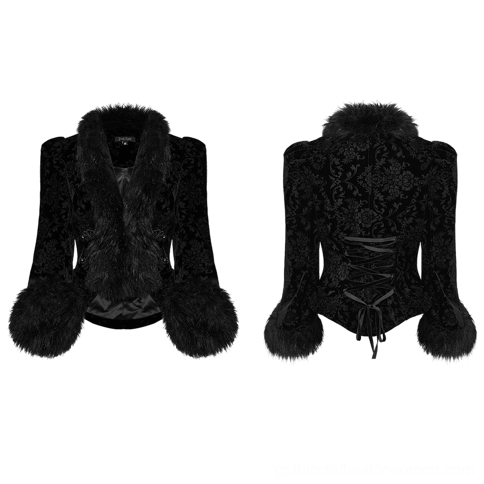 Black velvet gothic jacket front and back flat lay view with faux fur collar, cuffs, and floral jacquard pattern