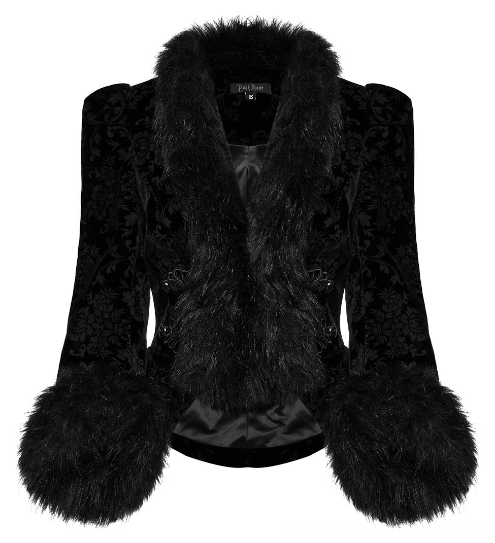 Black velvet gothic jacket front flat lay display showing faux fur collar, satin lining, and structured shoulders
