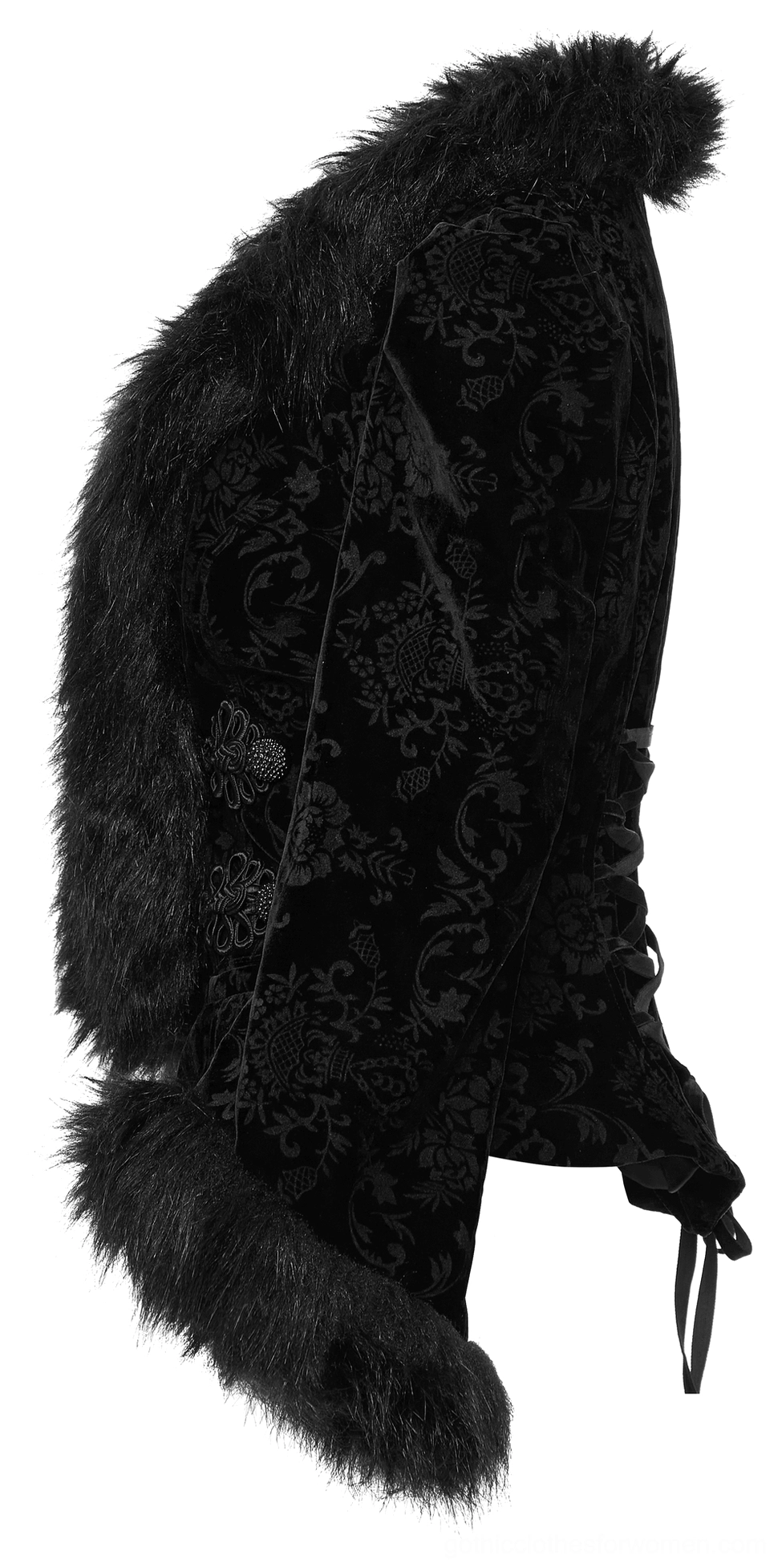 Black velvet gothic jacket hood and neck tie detail with faux fur trim and jacquard velvet side view