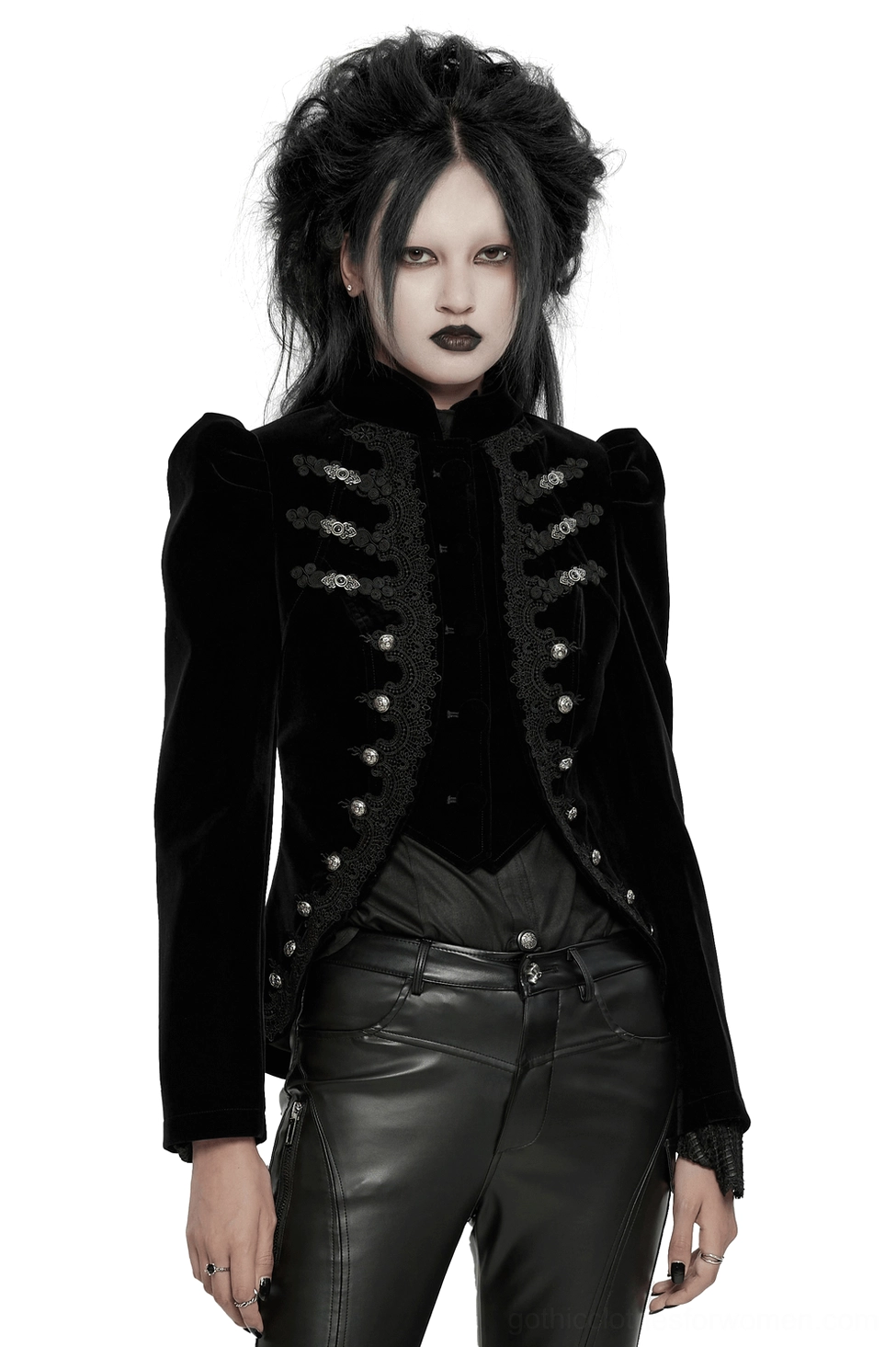 Women's black velvet gothic jacket with stand collar and ornate metal buttons, front view on model