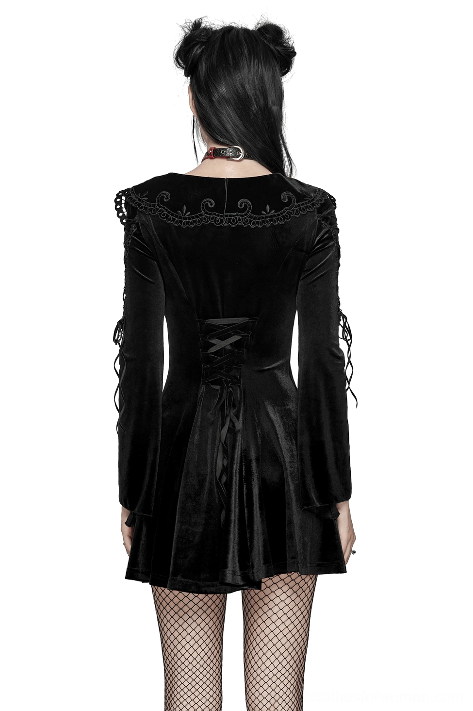 Black velvet gothic dress back view showcasing corset lace-up design and back drawstring, styled with fishnet stockings