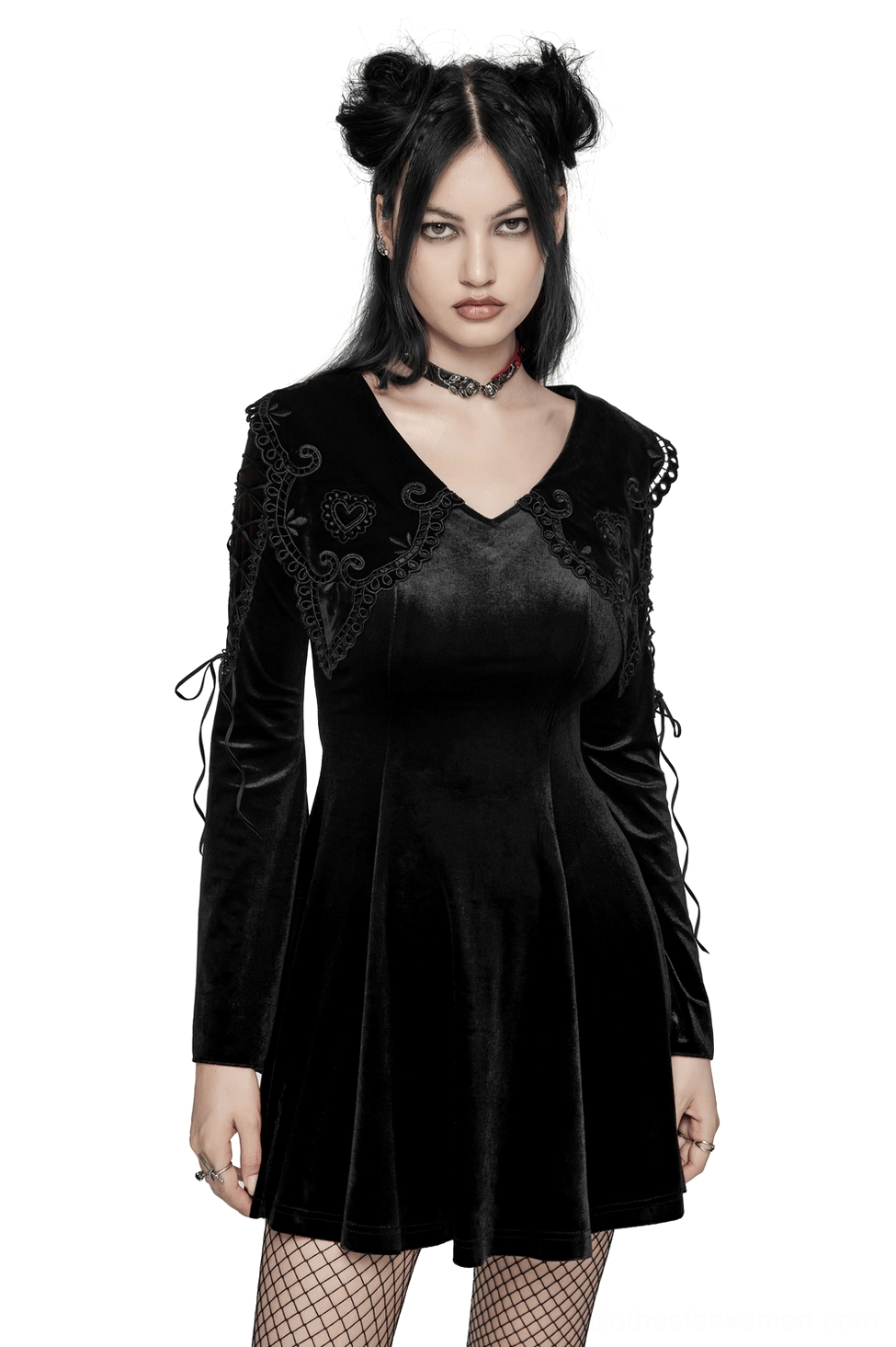 Black velvet gothic lace-up mini dress with embroidered heart collar, front full-body view on model with flared sleeves and lace-up arm details