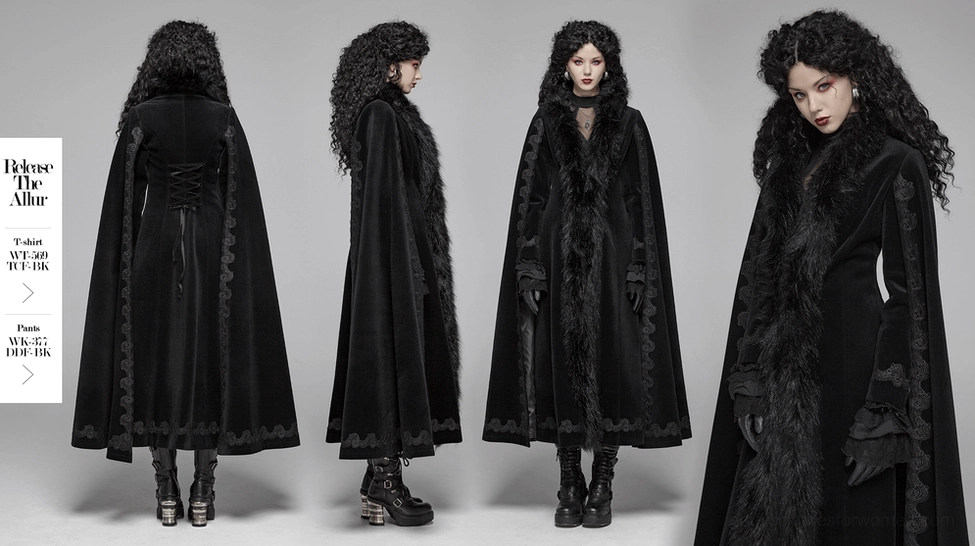 Black velvet gothic long coat product hero image with faux fur trim and lace-up back - main feature photo