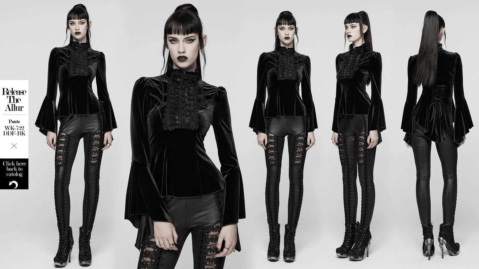 Black velvet gothic long sleeve top full product display featuring ruffled lace collar, pearl buttons, corset back, and bell sleeves