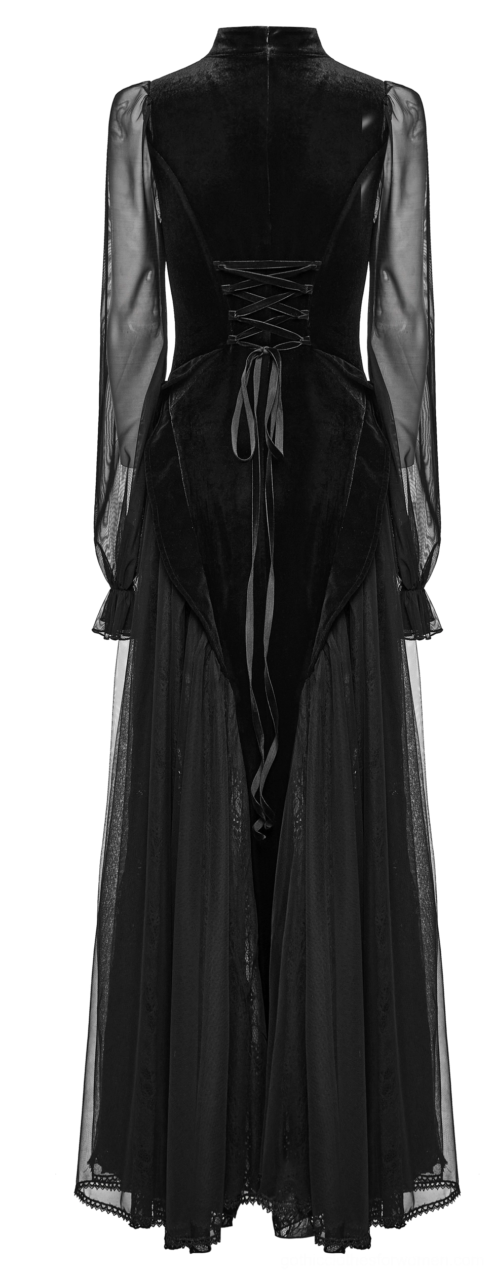 Back flat lay of black gothic velvet mesh dress showing lace-up back closure, high stand collar, and long sheer mesh sleeves