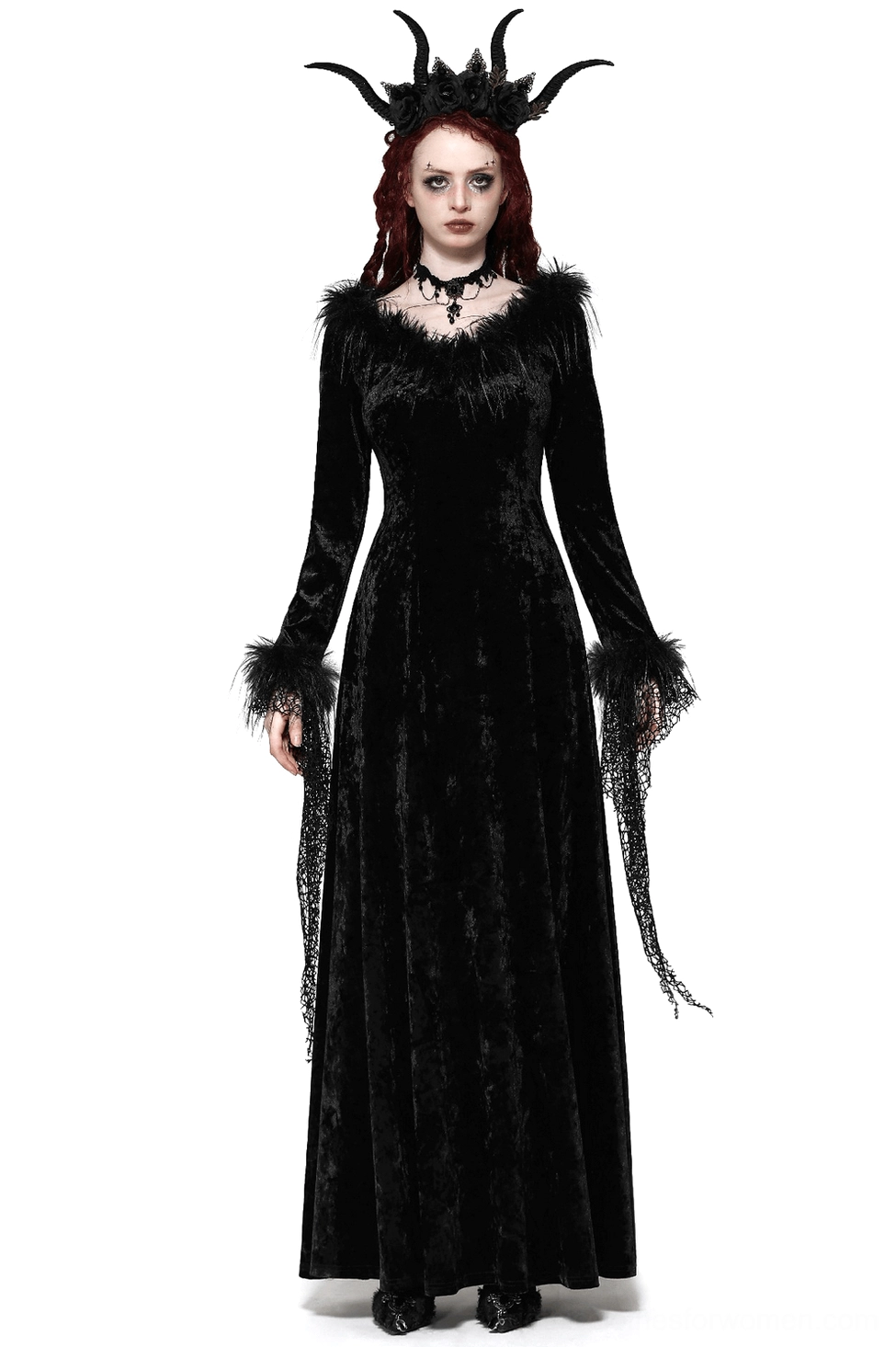 Black velvet gothic maxi dress with feathered collar trim and lace tassel sleeves, front full-body view on model