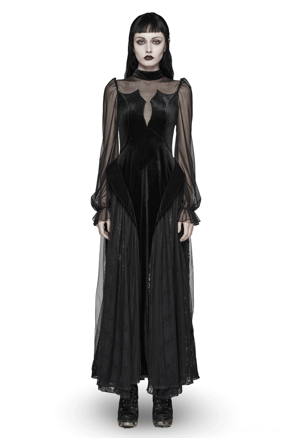Black velvet mesh gothic maxi dress front view on model, featuring batwing sleeves, keyhole neckline, and fitted velvet bodice