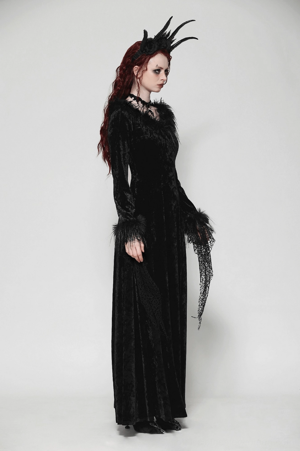 Black velvet gothic maxi dress full-length back view, showing complete corset back design and flowing skirt