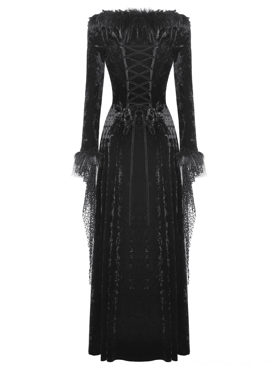 Black velvet gothic maxi dress back view on mannequin, showing lace-up corset back with furry waist detail