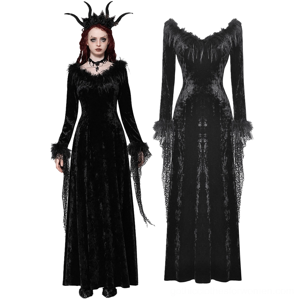 Black velvet gothic maxi dress displayed on model and dress form, showing front silhouette and design details