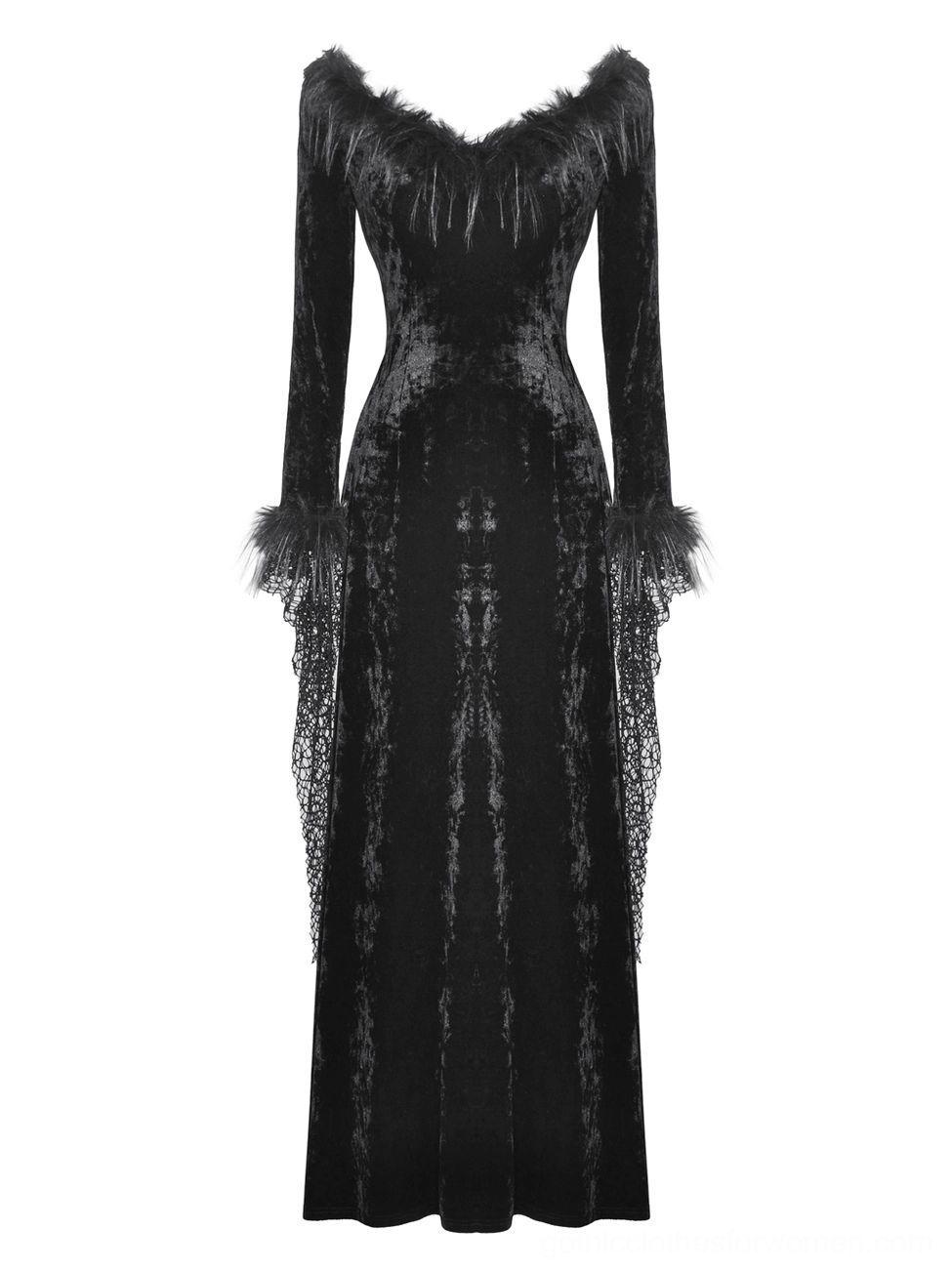 Black velvet gothic maxi dress front view on mannequin, slim fit silhouette with feathered neckline and lace sleeves