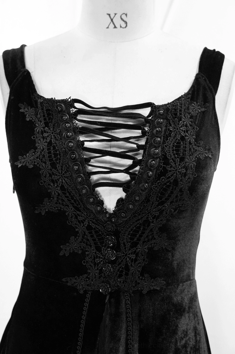 Black velvet gothic maxi dress with lace-up front bodice detail and A-line floor-length skirt, elegant full-body product view