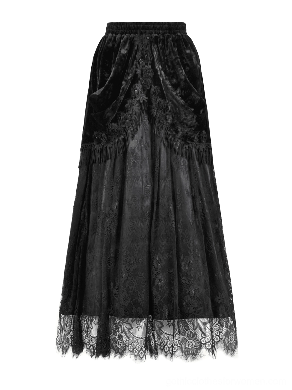 Front view of black velvet gothic maxi skirt on dress form featuring tassel fringe details and floral lace hem appliqués