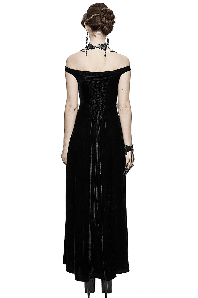 Gothic black velvet off-shoulder floor-length dress with lace-up back detail, model with updo hairstyle showing back full-body view on white studio background