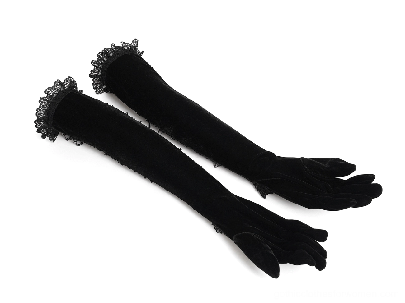 Plain black velvet gothic opera gloves with simple ruffled lace cuffs on white background, showcasing the fitted silhouette and elegant design