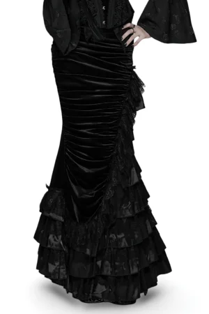 Gothic black velvet tiered lace ruffle skirt - three-quarter front view showing asymmetrical patchwork design and ruched velvet texture