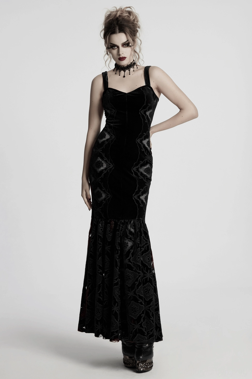 Black velvet gothic slip dress full-length view emphasizing the luxurious texture and intricate lace embroidery details throughout