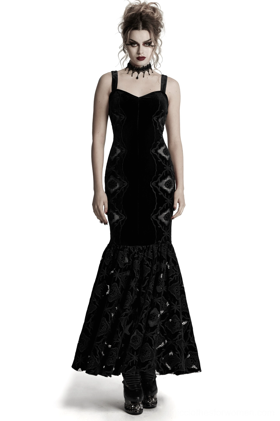 Black velvet gothic slip dress with lace embroidery worn by model, front full-body view showcasing sweetheart neckline and pleated lace hem